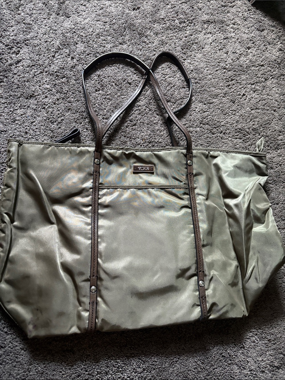 Tumi Olive Nylon Tote with Dark Brown Leather Trim